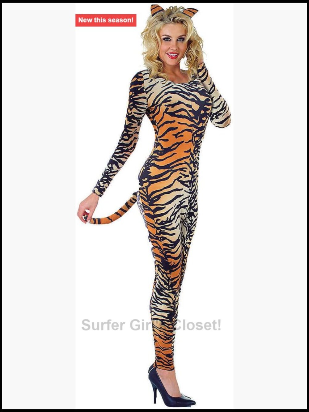 Sexy Stretch Tiger Jumpsuit Costume Set w Tail & Ears